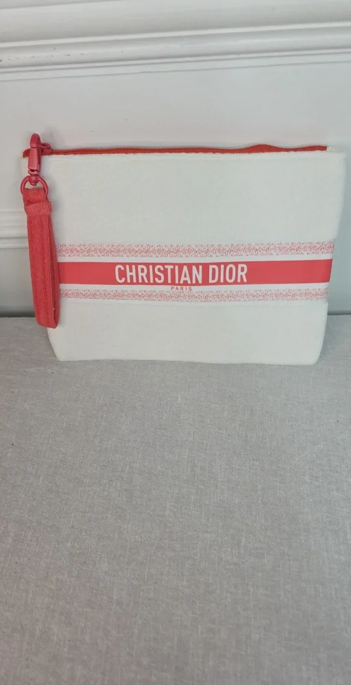 Dior White and Coral Pink CHRISTIAN DIOR Canvas Cosmetic Pouch - Picture 1 of 5